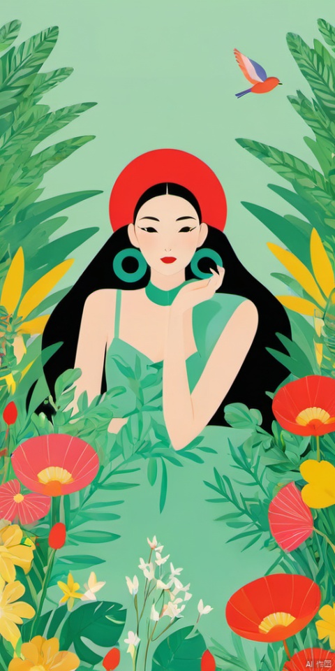 (Flat color: 1.2) Imitate Herm è s illustration style, with a colorful background, showcasing the fashion brand style guidance. The exhibition features a fashionable girl's fantasies, dreams, and myths about spring; High definition, soft, and clear image quality; Facial features are clear and complete, with elements such as handbags, scarves, high heels, sneakers, trees, birds added to the visuals, ash, graphic, (\ji jian\), xiaozi, background, girl, bailing_model