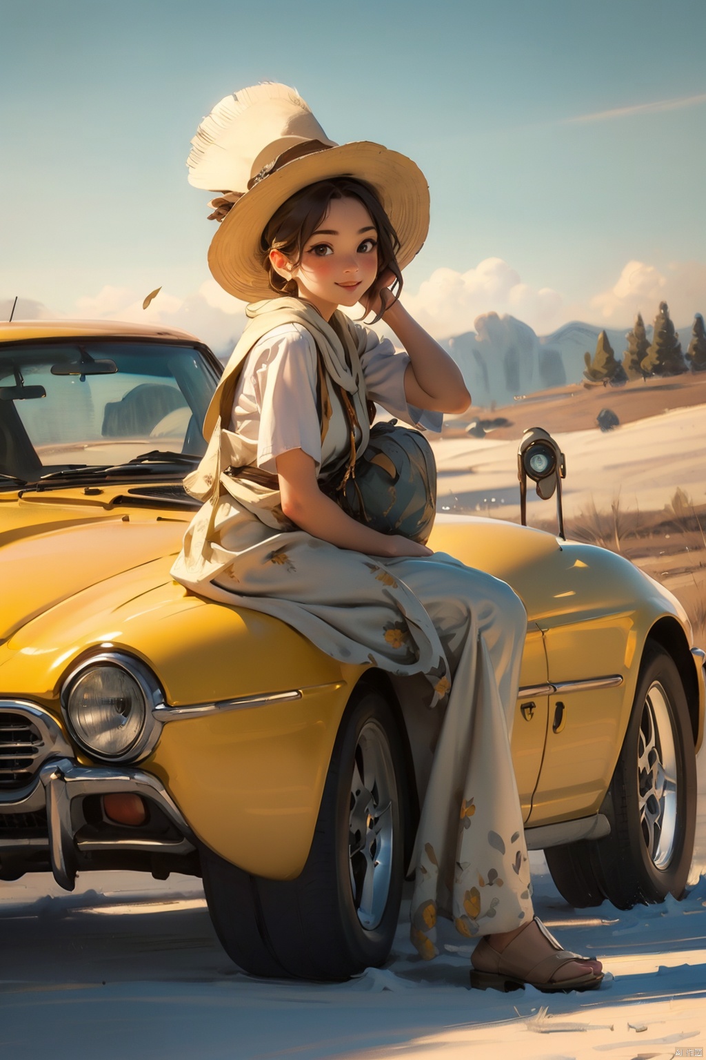 masterpiece, best quality, 8K,illustration, colorful, The rich visuals depict the joy of outdoor travel. car  Vacation girl, a girl White vest, This is a very thin girl, not very plump, Black Fried Dough Twists Braid and black eyes, Sitting on the ground with your back against a yellow car. Wearing a cowboy hat on the head , best qualityhighly detailed, realistic rendering, Cute Smiling Girl。This painting captures the essence of innocence, beauty, and joy, making it a beautiful and captivating artwork, Fully express the joy of the character's vacatin, The girl should be thinner, Girls' clothes should not be too revealing , Hair fluttering in the wind,Clearly display feet and hands, domineering lady