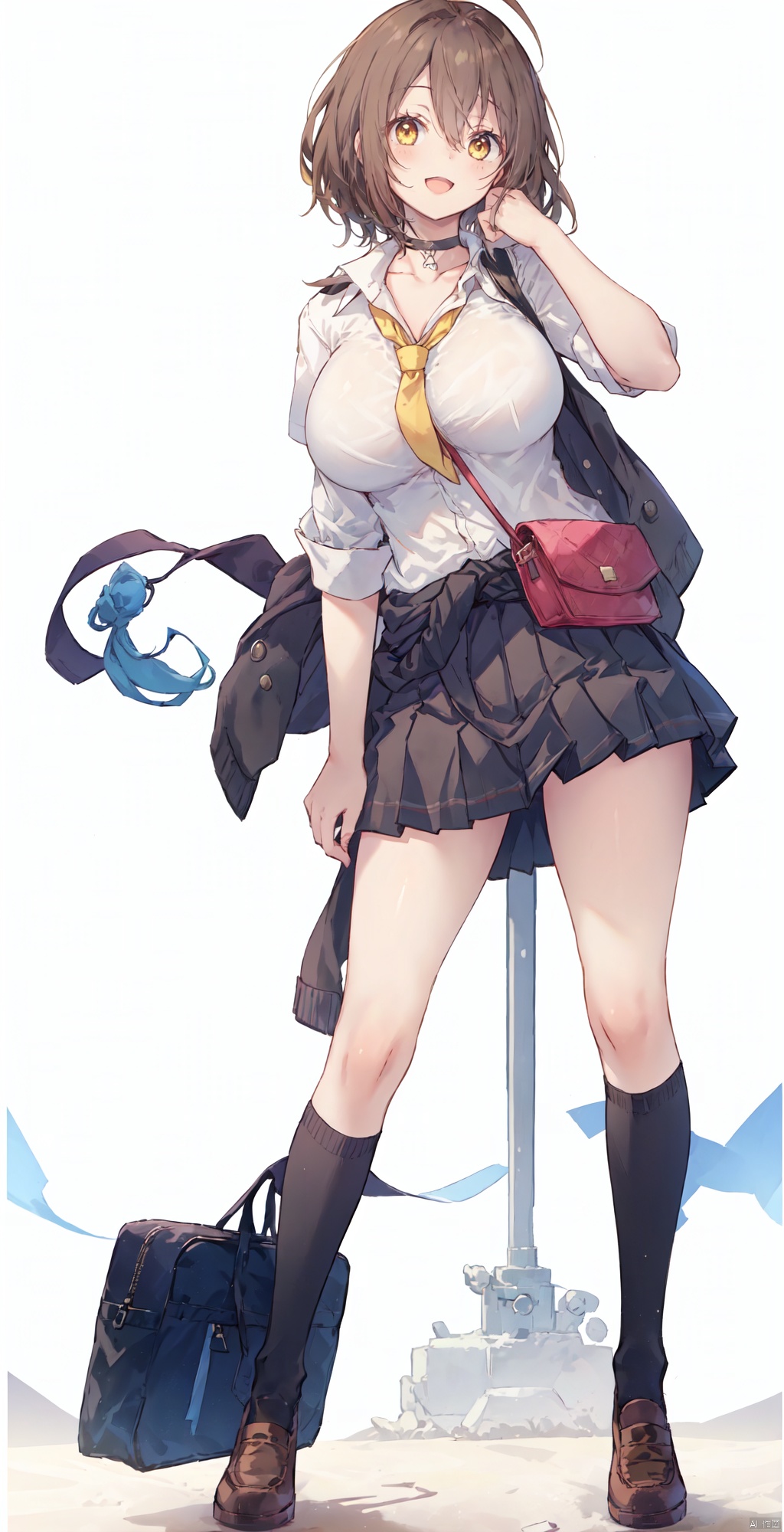1girl, solo, breasts, looking at viewer, smile, short hair, open mouth, bangs, skirt, large breasts, simple background, brown hair, shirt, white background, holding, hair between eyes, school uniform, standing, collarbone, full body, yellow eyes, white shirt, braid, ahoge, short sleeves, pleated skirt, necktie, shoes, choker, socks, collared shirt, hand up, black skirt, bag, sweater, official alternate costume, kneehighs, black choker, brown footwear,  cardigan, cellphone, white socks, loafers, black necktie, french braid, holding bag, clothes around waist, loose necktie, sweater around waist, cardigan around waist, baltimore \(azur lane\), backlighting, backlight,White background