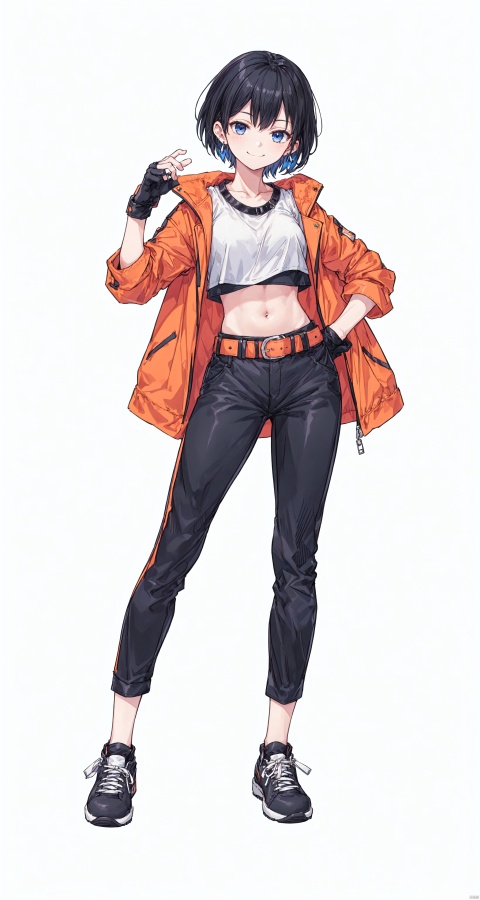  1girl, solo, looking at viewer, short hair, blue eyes, black hair, gloves, holding, jewelry, standing, full body, earrings, shoes,black gloves, socks, midriff, belt, pants, fingerless gloves, crop top, black pants, sneakers, orange jacket,((smug)),((light smile)),{best quality}, {{masterpiece}}, {highres}, original, extremely detailed 8K wallpaper, {an extremely delicate and beautiful},,((simple background)),((white background)),