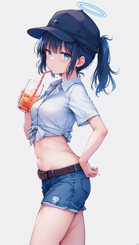  (((simple background))),(((white background))),((full body)),((portrait)),1girl, solo, long hair, breasts, looking at viewer, bangs, blue eyes, shirt, black hair, hat, navel, holding, medium breasts, blue hair, standing, swimsuit, white shirt, ponytail, short sleeves, sidelocks, bikini, thighs, cowboy shot, sweat, striped, belt, from side, cup, crop top, hand on hip, short shorts, black headwear,highleg, halo, beach, denim, holding cup, baseball cap, blue shorts, denim shorts, black belt, drinking straw, striped shirt, drink, tied shirt,