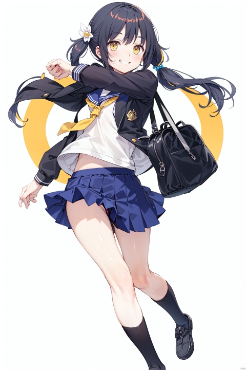  1girl, solo, looking at viewer, smile, skirt, simple background, black hair, hair ornament, twintails, school uniform, jacket, yellow eyes, multicolored hair, serafuku, sailor collar, bag, grin, blue background, the whole body,