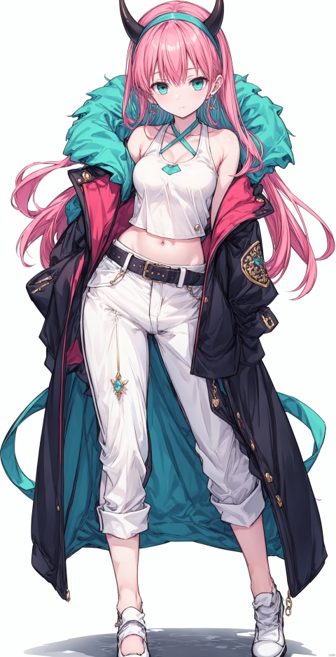  1girl, solo, long hair, breasts, looking at viewer, bangs, simple background, shirt, long sleeves, white background, navel, bare shoulders, jewelry, medium breasts, very long hair, green eyes, standing, collarbone, jacket, full body, pink hair, hairband, earrings, horns, shoes, alternate costume, midriff, belt, pants, off shoulder, stomach, high heels, aqua eyes, crop top, floating hair, halterneck, white footwear, straight hair, hand in own hair, white hairband, white pants, confused,embarrassed,{best quality}, {{masterpiece}}, {highres}, original, extremely detailed 8K wallpaper, {an extremely delicate and beautiful},,