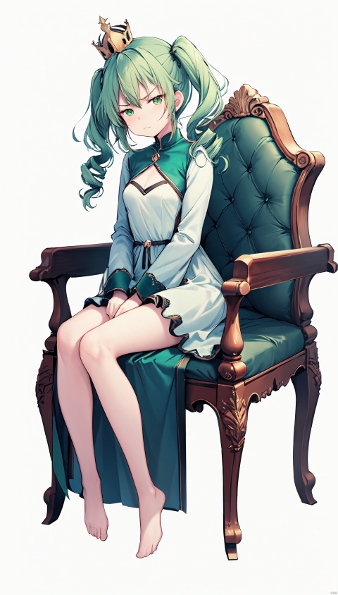 (((simple background))),(((white background))),((full body)),((portrait)),1girl, solo, long hair, breasts, looking at viewer, bangs, hair ornament, long sleeves, dress, twintails, jewelry, sitting, very long hair, green eyes, full body, green hair, barefoot, white dress, characterbook, drill hair, crown, twin drills, hand on own face, ringlets, throne,(cold attitude),(disgust),((shaded face)),((annoyed)),