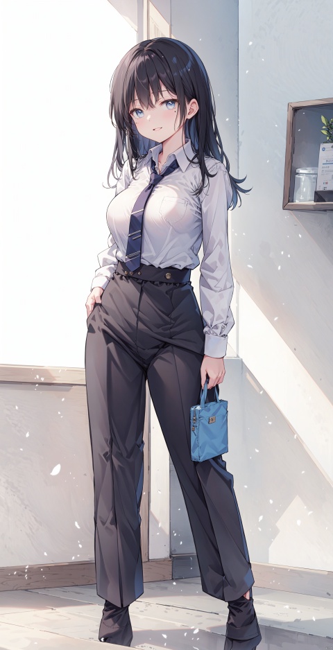 1girl, solo, long hair, breasts, looking at viewer, smile, bangs, blue eyes, large breasts, simple background, shirt, black hair, long sleeves, white background, standing, white shirt, cowboy shot, parted lips, necktie, collared shirt, pants, mole, grey eyes,  black pants, wing collar, mole under mouth, black necktie, shirt tucked in, office lady, holding own arm, high-waist pants