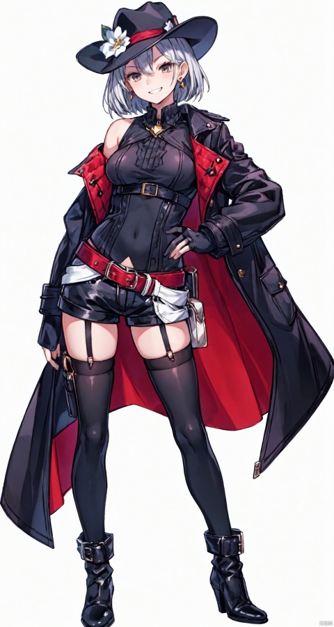 jewelry, medium breasts, shaded face,grin,disgust, standing, jacket, full body, weapon,earrings, boots, open clothes, shorts, black gloves, belt, black thighhighs, fingerless gloves, off shoulder, black footwear,high heels, open jacket, coat, short shorts, black headwear, watermark, garter straps, black shorts, knee boots, web address, buckle, high heel boots, open coat, belt buckle, hat flower, holster, thighhighs under boots, cowboy hat, Simple background, white background