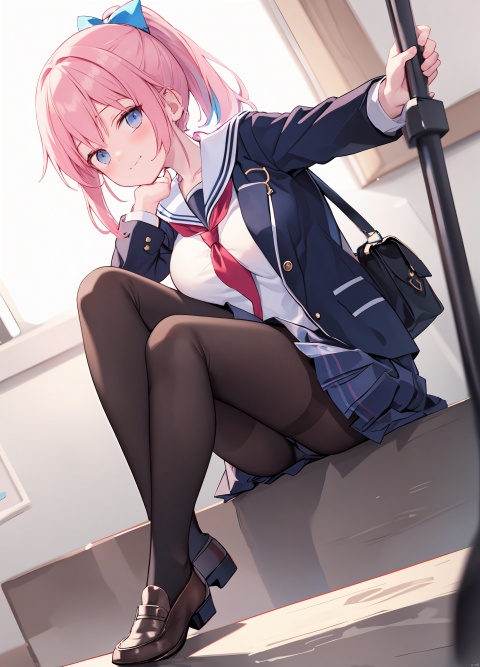  1girl, solo, long hair, breasts, looking at viewer, smile, bangs, blue eyes, skirt, large breasts, shirt, long sleeves, bow, very long hair, closed mouth, school uniform,, jacket, full body, ponytail, sitting,pink hair, pantyhose, pleated skirt, shoes, serafuku, miniskirt, black skirt, sailor collar, bag, plaid, black pantyhose, brown footwear, blazer, blue jacket, loafers, two-tone background, school bag, white sailor collar,lens 135mm,f1.8,ray tracing,{best quality}, {{masterpiece}}, {highres}, original, extremely detailed 8K wallpaper, {an extremely delicate and beautiful},,incredibly_absurdres,colorful,intricate detail,artbook,,blurry background,