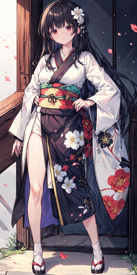  1girl, solo, long hair, looking at viewer, bangs, black hair, hair ornament, red eyes, long sleeves, holding, very long hair, closed mouth, standing, full body, flower, outdoors, japanese clothes, hair flower, wide sleeves, blunt bangs, kimono, sash, petals, floral print, white flower, yellow kimono,Simple background, white background,{best quality}, {{masterpiece}}, {highres}, original, extremely detailed 8K wallpaper, 1girl, {an extremely delicate and beautiful},