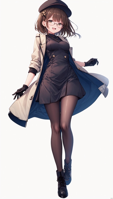 (((simple background))),(((white background))),1girl, solo, breasts, looking at viewer, smile, short hair, open mouth, bangs, brown hair, hair ornament, gloves, hat, dress, holding, brown eyes, medium breasts, standing, jacket, full body, :d, pantyhose, boots, glasses, white gloves, black footwear, white dress, black jacket, single glove, orange pantyhose