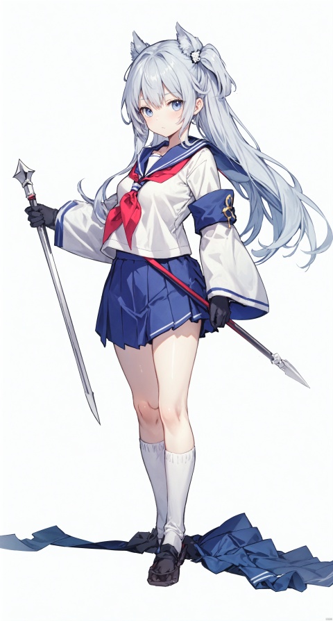 1girl, solo, long hair, looking at viewer, bangs, skirt, simple background, gloves, holding, closed mouth, school uniform, standing, monochrome, full body, weapon, white hair, , pleated skirt, serafuku, socks, wide sleeves, sailor collar,holding weapon, neckerchief, polearm, Grey blue hair,White background,hime_cut,blunt_bangs,