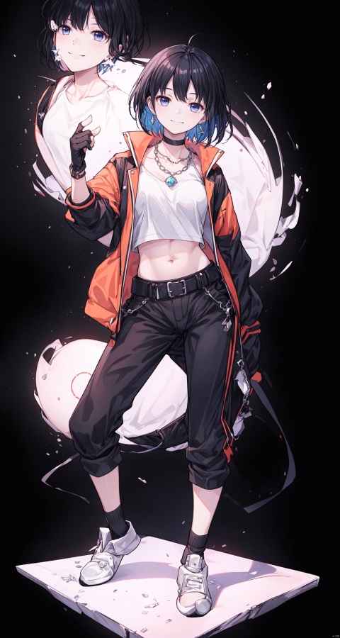 1girl, solo, looking at viewer, short hair, blue eyes, simple background, black hair, gloves, white background, holding, jewelry, standing, full body, earrings, shoes,black gloves, socks, midriff, belt, pants, fingerless gloves,  crop top, black pants, sneakers, orange jacket,((smug)),((light smile)),{best quality}, {{masterpiece}}, {highres}, original, extremely detailed 8K wallpaper, 1girl, {an extremely delicate and beautiful},,