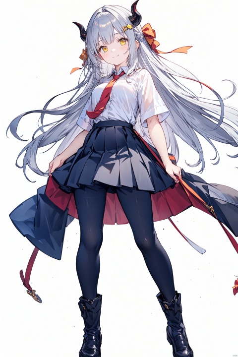 1girl, solo, long hair, looking at viewer, smile, bangs, skirt, shirt, hair ornament, bow, very long hair, closed mouth, yellow eyes, white shirt, 、 short sleeves, hair bow, grey hair, necktie, horns, alternate costume, hairclip, collared shirt, pants, black skirt,  black bow, black pants, red necktie, orange background,Simple background,the whole body