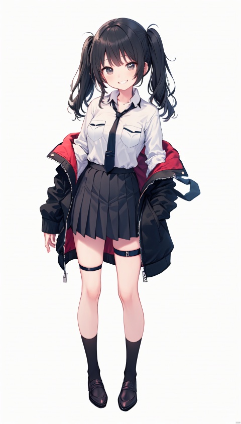 (((simple background))),(((white background))),((full body)),((portrait)),1girl, solo, long hair, breasts, looking at viewer, smile, bangs, skirt, shirt, black hair, long sleeves, twintails, brown eyes, school uniform, standing, jacket, white shirt, cowboy shot, pleated skirt, open clothes, necktie, teeth, collared shirt, signature, blunt bangs, black skirt, off shoulder, bag, grin, black eyes, open jacket, black jacket, thigh strap, black necktie, cropped legs, pocket, high-waist skirt, shirt tucked in, holding hair