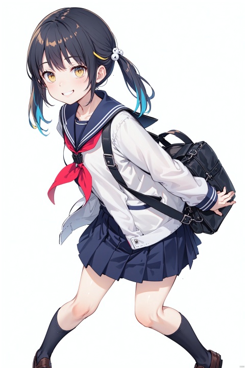 1girl, solo, looking at viewer, smile, skirt, simple background, black hair, hair ornament, twintails, school uniform,  jacket, yellow eyes, multicolored hair, serafuku, sailor collar, bag, grin,  blue background,  the whole body,White background, full body