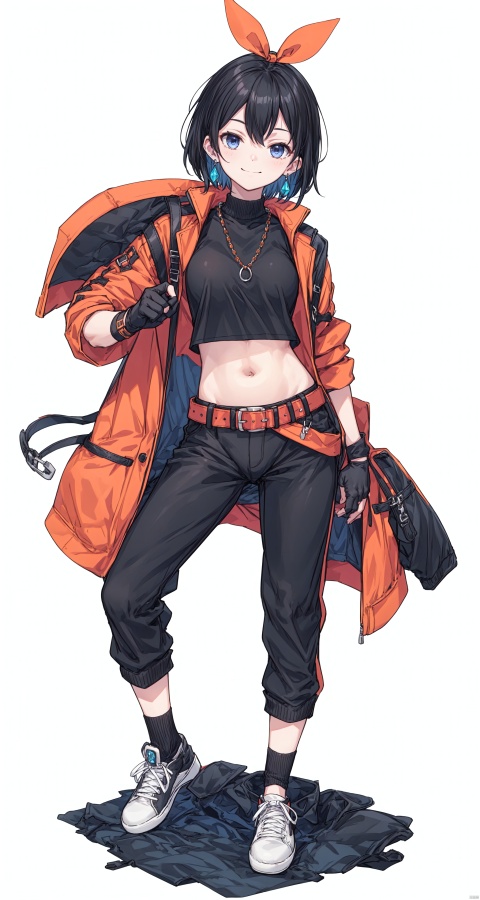 1girl, solo, looking at viewer, short hair, blue eyes, simple background, black hair, gloves, white background, holding, jewelry, standing, full body, earrings, shoes,black gloves, socks, midriff, belt, pants, fingerless gloves,  crop top, black pants, sneakers, orange jacket,((smug)),((light smile)),{best quality}, {{masterpiece}}, {highres}, original, extremely detailed 8K wallpaper, 1girl, {an extremely delicate and beautiful},,
