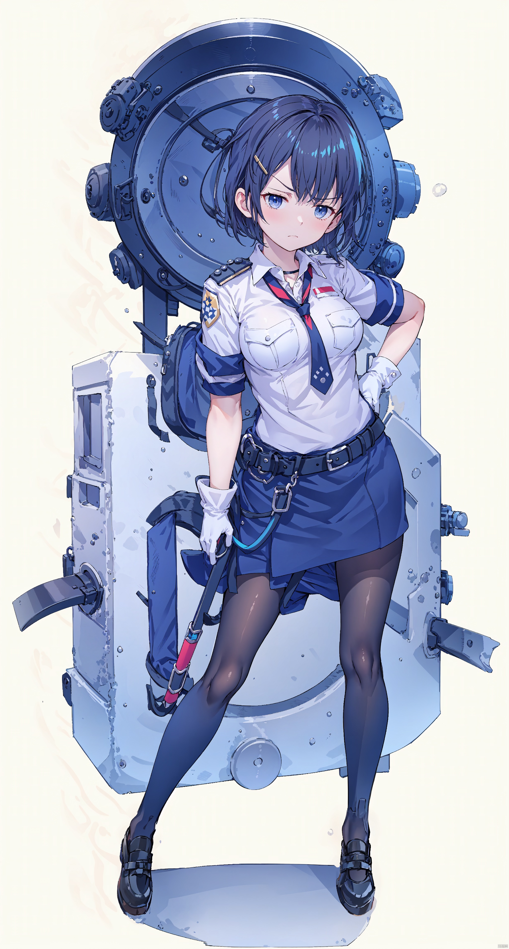  1girl, solo, breasts, looking at viewer, short hair, bangs, blue eyes, skirt, shirt, black hair, hair ornament, gloves, holding, closed mouth, standing, full body, white shirt, short sleeves, pantyhose, necktie, shoes, hairclip, collared shirt, belt, white gloves, black skirt, black footwear, uniform, black pantyhose, black background, armband, pencil skirt, pocket, id card, police, police uniform, lanyard, policewoman, walkie-talkie, White background,Simple background,(disgust),(annoyed),(shaded face),