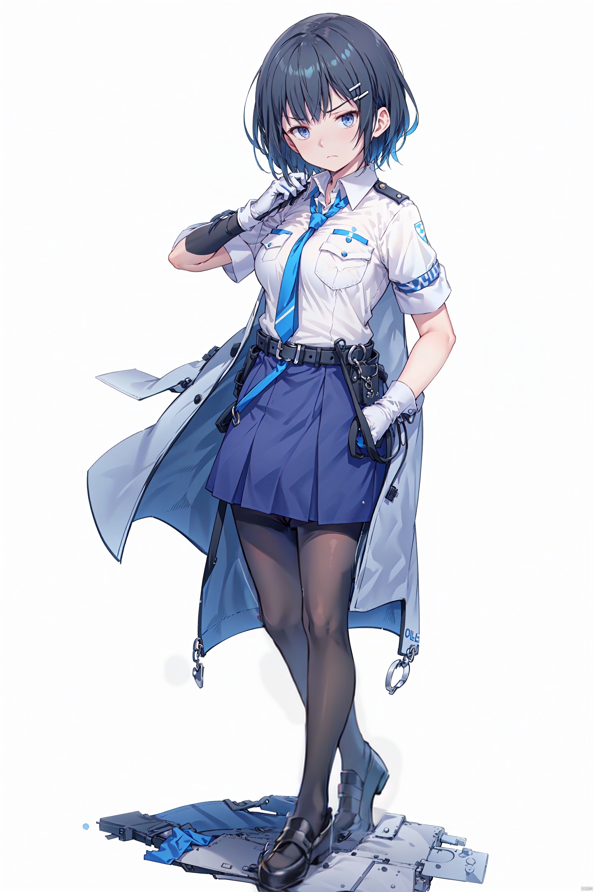  1girl, solo, breasts, looking at viewer, short hair, bangs, blue eyes, skirt, shirt, black hair, hair ornament, gloves, holding, closed mouth, standing, full body, white shirt, short sleeves, pantyhose, necktie, shoes, hairclip, collared shirt, belt, white gloves, black skirt, black footwear, uniform, black pantyhose, black background, armband, pencil skirt, pocket, id card, police, police uniform, lanyard, policewoman, walkie-talkie, White background,Simple background,(disgust),(annoyed),(shaded face),