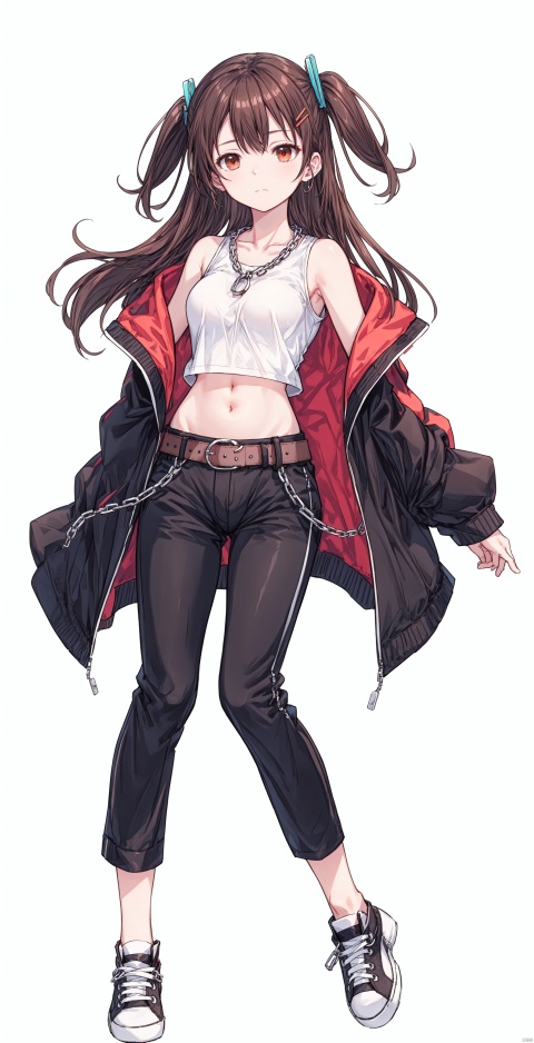 1girl, solo, long hair, breasts, looking at viewer, bangs, simple background, brown hair, shirt, hair ornament, long sleeves, white background, navel, bare shoulders, brown eyes, jewelry, medium breasts, very long hair, closed mouth, standing, jacket, full body, white shirt, open clothes, shoes, sleeveless, hairclip, midriff, belt, pants, off shoulder, stomach, open jacket, black jacket, crop top, orange eyes, fur trim, sleeveless shirt, chain, one side up, black pants, white footwear, sneakers