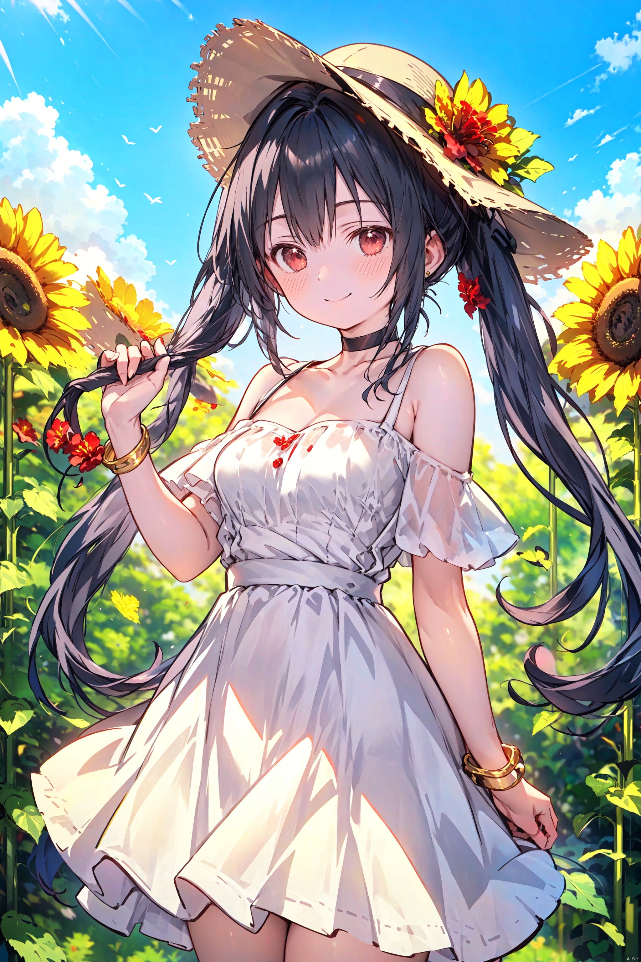 1girl, solo, long hair, breasts, looking at viewer, blush, smile, bangs, black hair, hair ornament, red eyes, hat, dress, holding, bare shoulders, twintails, jewelry, closed mouth, standing, collarbone, flower, cowboy shot, outdoors, sky, choker, day, belt, cloud, hair flower, off shoulder, white dress, bracelet, blue sky, low twintails, black choker, scrunchie, red flower, sun hat, yellow flower, off-shoulder dress, straw hat, sunflower, hat flower, hibiscus