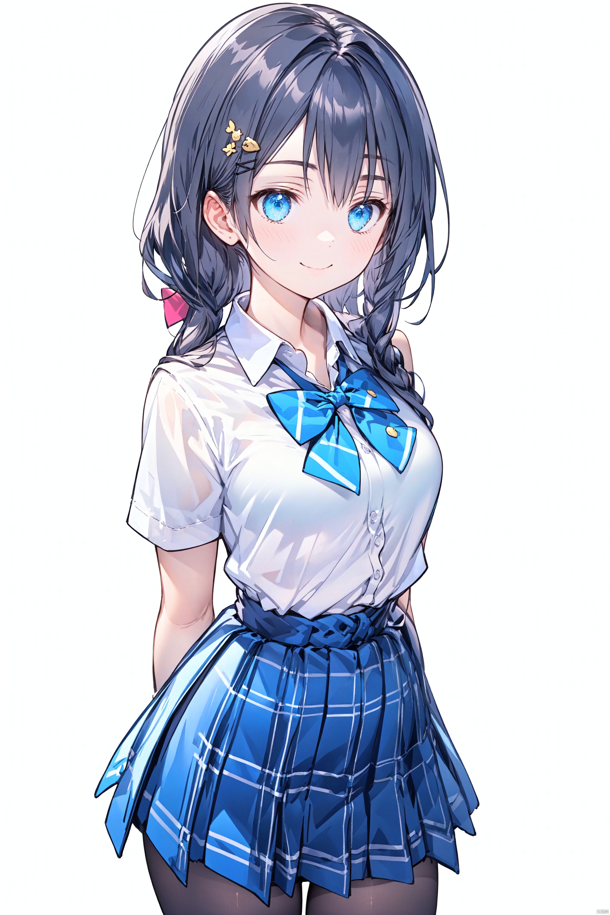 1girl, solo, breasts, looking at viewer, smile, bangs, blue eyes, skirt, simple background, shirt, black hair, hair ornament, white background, bow, medium breasts, closed mouth, school uniform, white shirt, short sleeves, cowboy shot, pleated skirt, hairclip, collared shirt, bowtie, medium hair, twitter username, blue skirt, plaid, leaf, blue bow, plaid skirt, arms behind back, blue bowtie, shirt tucked in