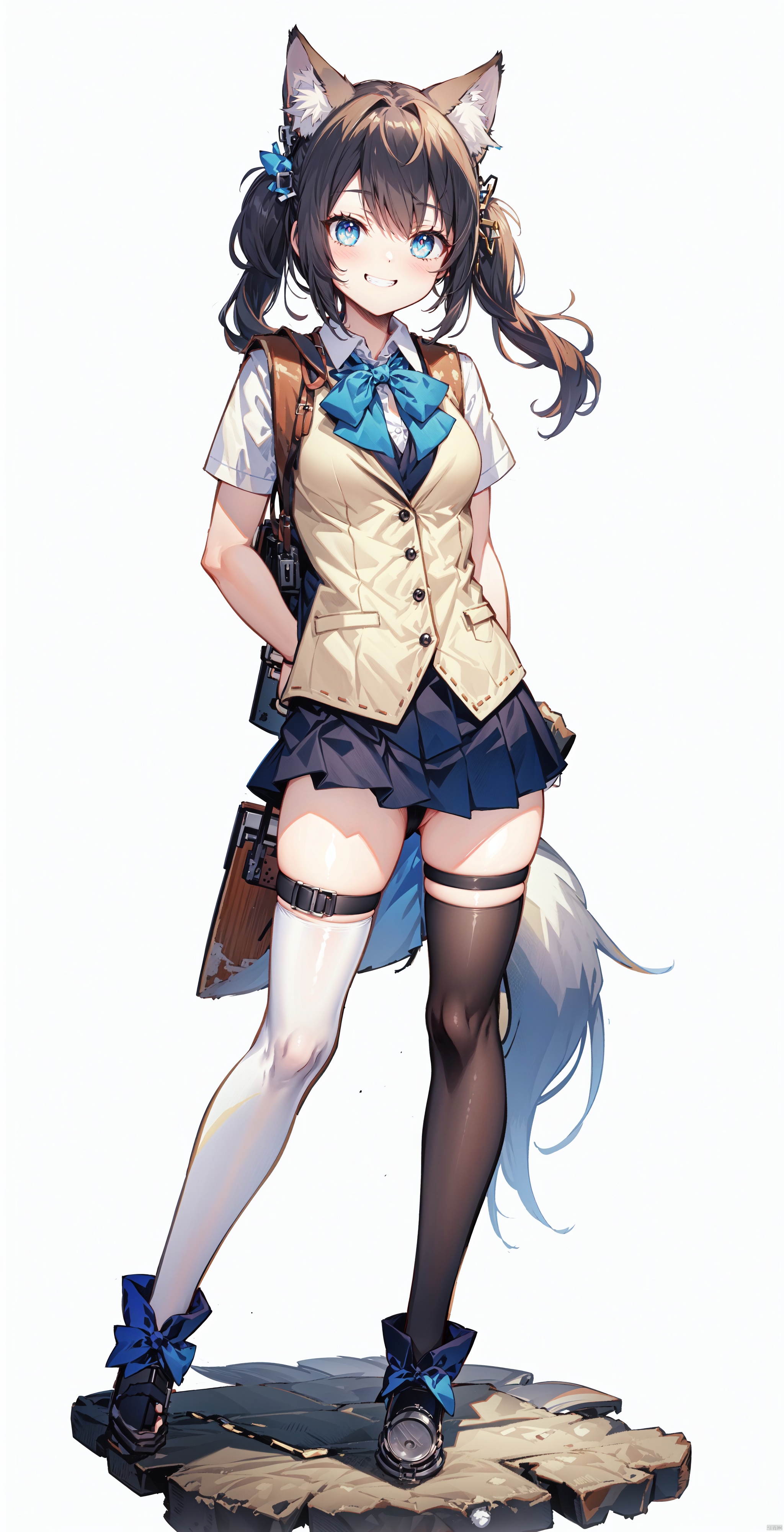  1girl, solo, long hair, breasts, looking at viewer,grin,naughty face, blue eyes, skirt, shirt, hair ornament, thighhighs, animal ears, twintails, school uniform, standing, Chestnut_hair,animal_tail, full body, white shirt, weapon,pleated skirt, small breasts, boots, miniskirt, black skirt, vest, arms up, white thighhighs, animal ear fluff, gun, symbol-shaped pupils, fox ears, skindentation, thigh strap, fox tail, heart-shaped pupils,handgun, holster, stretch,White background, simple background
