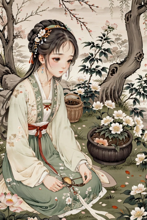  sad,tears,1girl,under the tree,burying the flower,full body,detailed face and eyes,kneeling on grass,flower basket,,trees and flowers,(petals falling),helpless, sad, hanfu, lvshui-green dress, Light master, hanfu , hair ornament , chinese clothes, traditional chinese ink painting,petals on the theground, guofeng,sad_face,(tears falling), ((poakl))