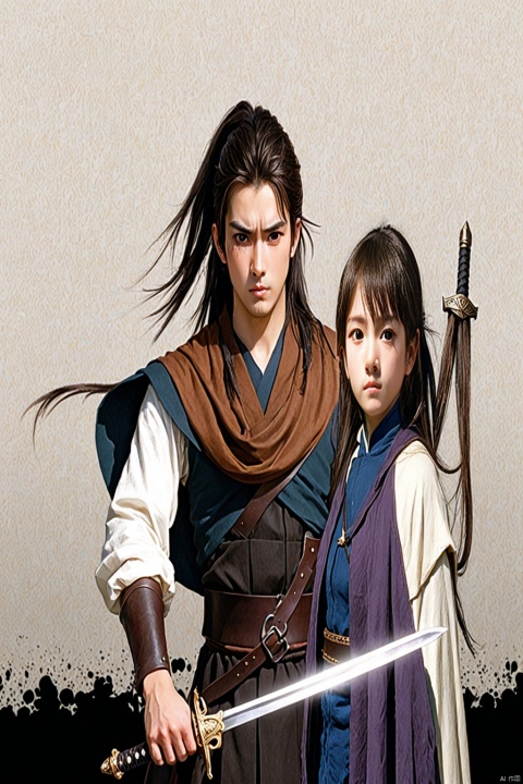  real life,detailed face and eyes,1girl,weapon,1boy,sword,long hair,ponytail,black hair,brown eyes,brown hair,cape,looking at viewer,holding, 1boy, beggar