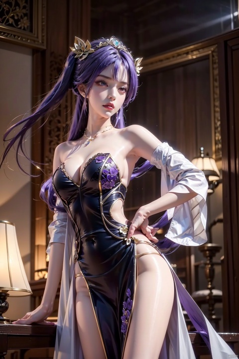 1girl, solo, long hair, breasts, looking at viewer, bangs, large breasts, hair ornament, dress, cleavage, bare shoulders, twintails, jewelry, very long hair, purple eyes, purple hair, flower, necklace, lips, hand on hip, strapless, strapless dress, purple dress, side slit, raiden shogun