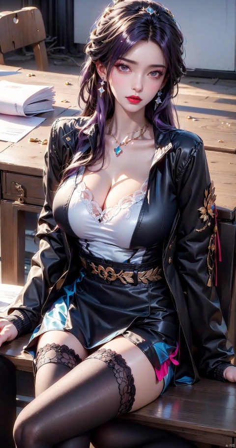  masterpiece,1 Girl,best quality, (\meng ze\),1girl, solo, long hair, breasts, looking at viewer, skirt, large breasts, shirt, purple hair, thighhighs, long sleeves, cleavage, jewelry, sitting, underwear, collarbone, jacket, thighs, earrings, belt, black thighhighs, miniskirt, black skirt, necklace, nail polish, black footwear, mole, high heels, lips, black jacket, makeup, arm support, formal, crossed legs, suit, lipstick, lace trim, lace, desk, pencil skirt, paper, red lips, lace-trimmed legwear, office lady, on desk, teacher, sitting on desk, lxq