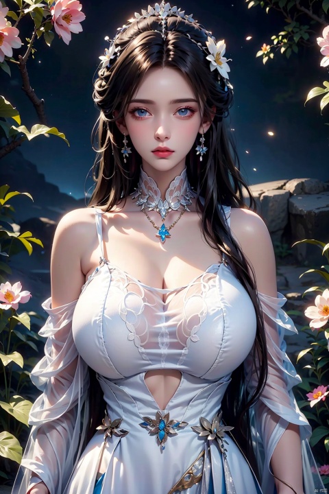  masterpiece,best quality,extremely high detailed,intricate,8k,HDR,wallpaper,cinematic lighting,(universe:1.4),Huge chest,1girl, solo, long hair, blue eyes, black hair, hair ornament, dress, holding, bare shoulders, jewelry, upper body, flower, earrings, hair flower, necklace, white dress, plant