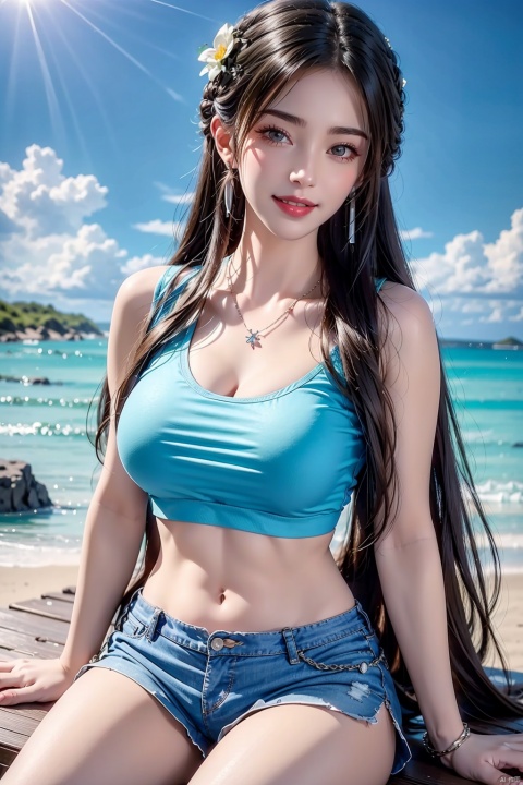 1girl, solo, long hair, breasts, looking at viewer, smile, black hair, hair ornament, navel, cleavage, jewelry, medium breasts, sitting, flower, earrings, outdoors, sky, shorts, day, midriff, hair flower, water, necklace, blue sky, lips, crop top, short shorts, ocean, arm support, beach, tank top, blue shorts, hoop earrings, realistic,limuwan