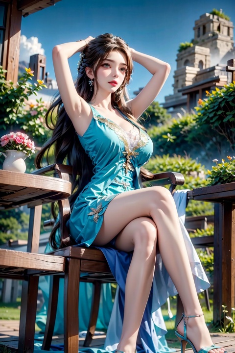  masterpiece,best quality,extremely high detailed,intricate,8k,HDR,wallpaper,cinematic lighting,(universe:1.4),Huge chest, 1girl, solo, breasts, looking at viewer, brown hair, dress, cleavage, sitting, outdoors, food, sky, day, cloud, armpits, high heels, arms up, cup, chair, sandals, table, crossed legs, scenery, plate, green dress, mountain, tablecloth,limuwan