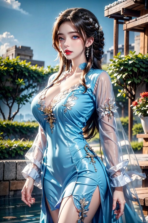  masterpiece,best quality,extremely high detailed,intricate,8k,HDR,wallpaper,cinematic lighting,(universe:1.4),Huge chest, 1girl, solo, long hair, breasts, looking at viewer, blue eyes, brown hair, black hair, long sleeves, dress, jewelry, standing, braid, earrings, outdoors, parted lips, sky, day, cloud, water, white dress, from side, lips, wet, see-through, floral print, building, wet clothes, red lips, architecture,limuwan
