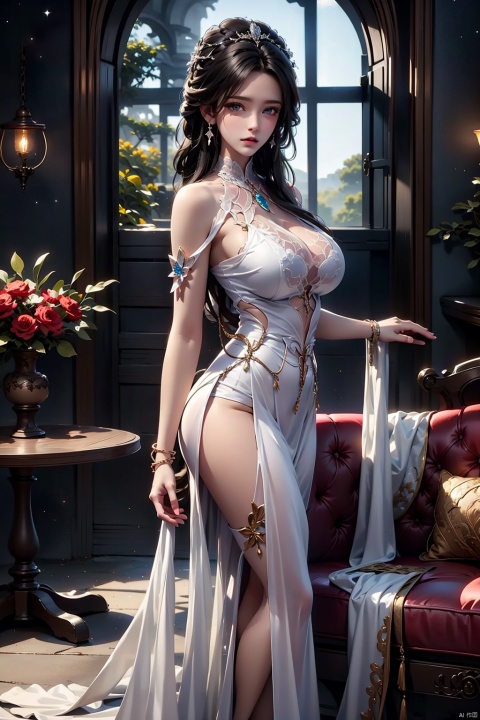  masterpiece,best quality,extremely high detailed,intricate,8k,HDR,wallpaper,cinematic lighting,(universe:1.4),Huge chest, , lxq,1girl, solo, long hair, looking at viewer, blue eyes, black hair, hair ornament, dress, bare shoulders, jewelry, earrings, parted lips, indoors, white dress, bracelet, from side, window, curtains, couch
