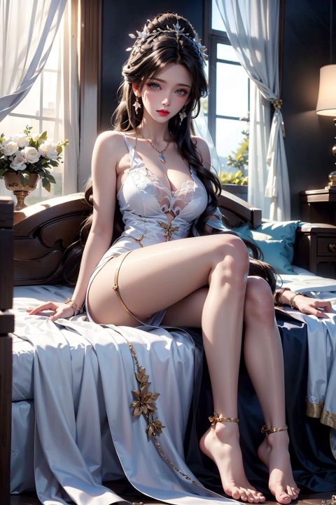  masterpiece,best quality,extremely high detailed,intricate,8k,HDR,wallpaper,cinematic lighting,(universe:1.4),1girl, solo, long hair, breasts, looking at viewer, blue eyes, black hair, hair ornament, dress, bare shoulders, jewelry, sitting, earrings, parted lips, barefoot, indoors, necklace, white dress, bracelet, feet, lips, parted bangs, bare legs, bed, makeup, toes, sleeveless dress, soles, curtains, forehead mark, red lips
