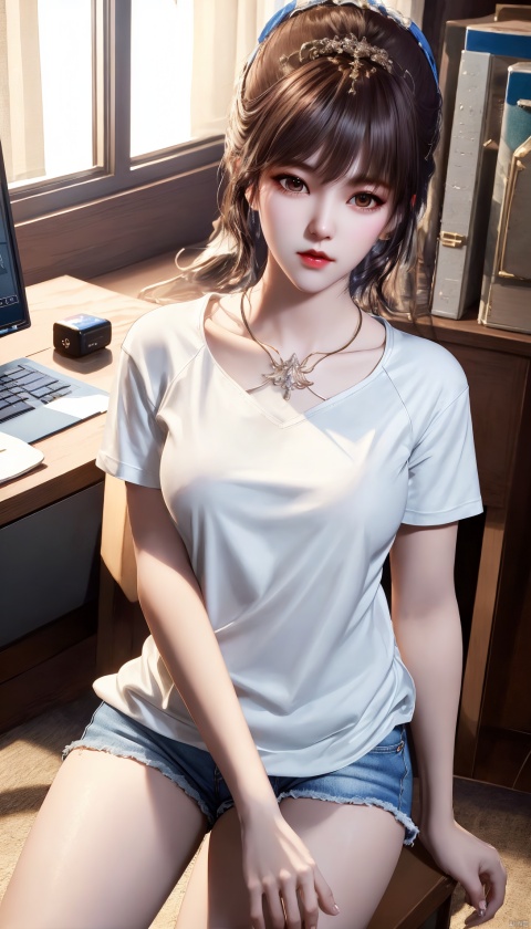  1girl, solo, masterpiece, E-sports table, Computer room, (best quality), official art, extremely detailed cg 8k wallpaper, (extremely delicate and beautiful), solo, realistic, photo_\(medium\), , hiqcgbody, , ,white T-Shirt,short jeans, bare thigh,youyou,yunxi