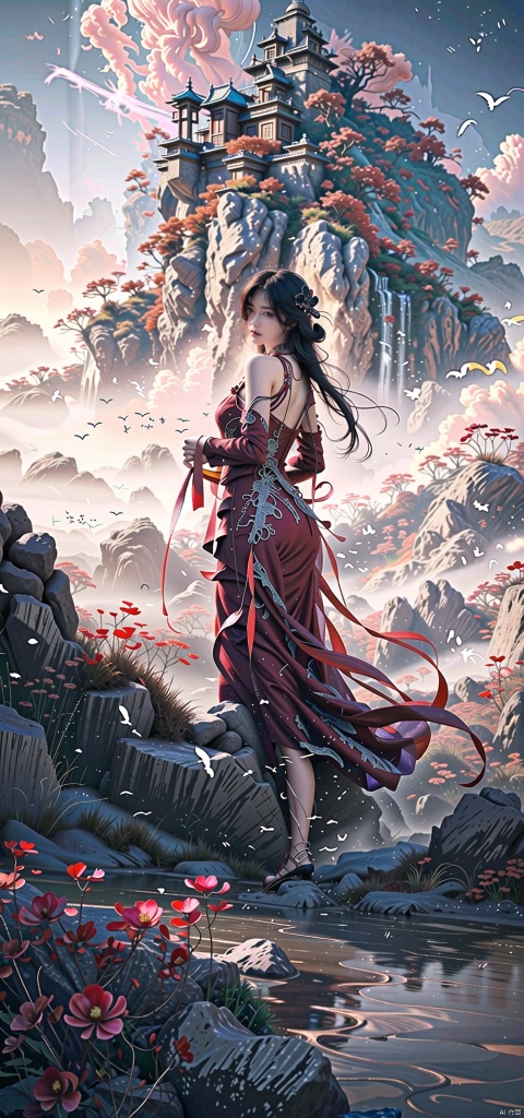  A sister, full body display, official art, unit 8k wallpaper, Flowers in full bloom, parade of many birds, deep in the forest, sunshine, atmosphere, rich details, full body lens, shot from above, shot from below, detailed background, beautiful sky, flowing hair, perfect face, delicate five-length, high detail, smile, fisheye lens, Dynamic Angle, dynamic pose, Brushwork Scattered - Chinese style, (Dramatic, Rugged, intense :1.4), Masterpiece, best quality, 8k, crazy detail, Super Quality, Super Detail, Masterpiece, (Smooth calligraphy :1.4), (Colored ink flow :1.3), 1 girl, fierce shot, White hair, brushwork scattered - Chinese style, monochrome, brushwork Style, pink, Charm, Exaggerated eye makeup, (a red dress: 1.6), ghostdom, yunxi