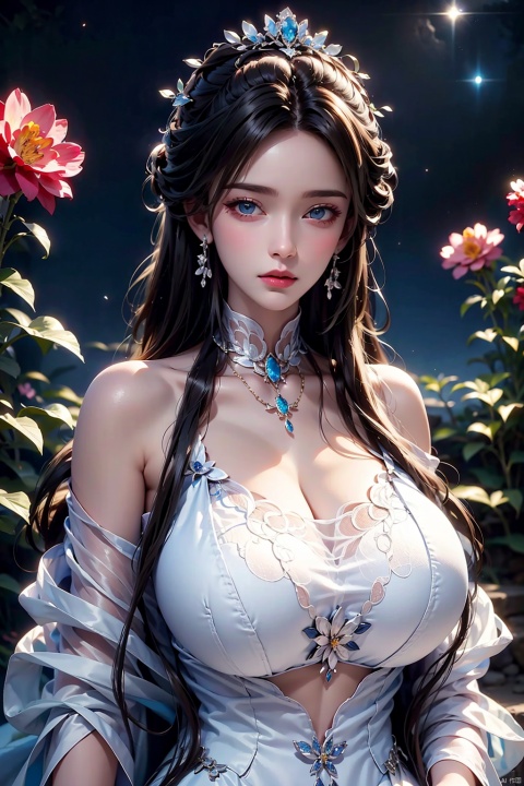  masterpiece,best quality,extremely high detailed,intricate,8k,HDR,wallpaper,cinematic lighting,(universe:1.4),Huge chest,1girl, solo, long hair, blue eyes, black hair, hair ornament, dress, holding, bare shoulders, jewelry, upper body, flower, earrings, hair flower, necklace, white dress, plant