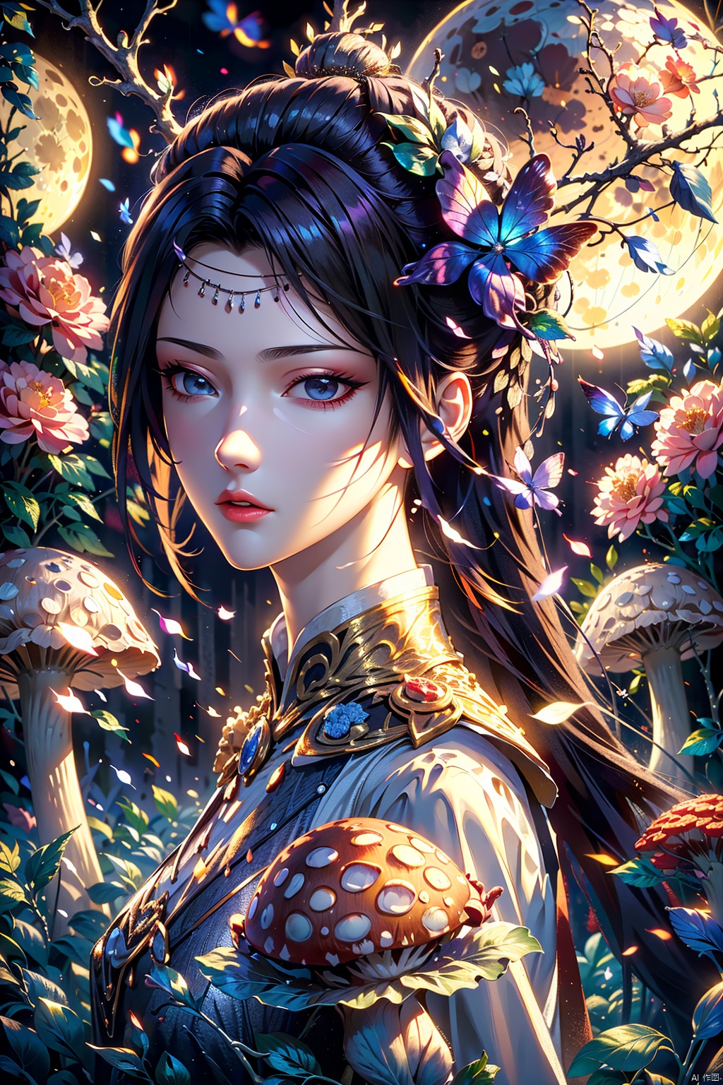  (8k, RAW photo, best quality, masterpiece: 1.2), portrait close-up, 1 girl, black hair, (brown eyes), (facial light), glowing text, glowing particles, (extremely exquisite and beautiful), purple and blue clothes, butterfly on face, (super large moon), huge flowers, many flowers, looking at the audience, glowing butterfly, (mushroom forest: 1.2), dreamy light, (realistic, photo fidelity: 1.3), Ultra fine, CG, 8k wallpaper, 1girl,moyou