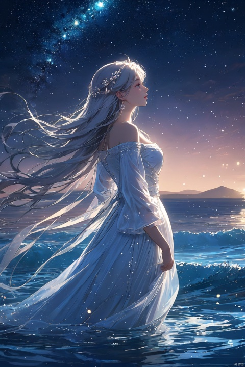  (masterpiece, top quality, best quality, official art, beautiful and aesthetic:1.2),gf-hd, 1girl, solo, long hair, looking up, sky, star \(sky\), white hair, night, water, dress, night sky, starry sky, reaching, profile, hair ornament, see-through,shiny skin,Huge breasts,narrow waist, bouncing breasts,have breast milk,(pregnant:1),(depth of field),