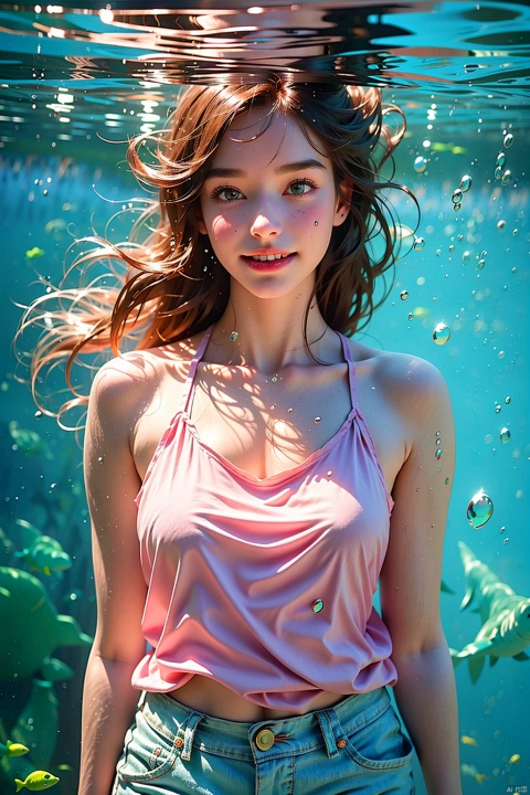  (RAW photo, best quality),(realistic, photo-realistic:1.3),(extremely delicate and beautiful:1.1),1girl,white camisole, blue shorts,(smile:1.3),(exquisitely detailed skin),side,under_water, shark, plants, fantasy,best shadow,intricate,cinematic light,perfect anatomy,(coolcolor:1.4),water,yushuishu,Forest system, (original),Underwater Di,shuixia, underwater, pink fantasy, shuixia