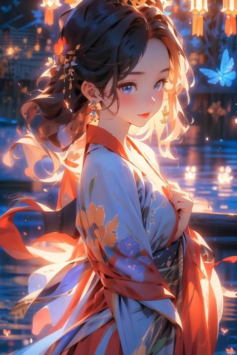  （Best quality,masterpiece.）Super cute girl flower dream, movie lighting, wide angle and super details, 8k Hanfu silk, covered in magpie patterns, bright colors, bright lighting, high details., zanhua, girl