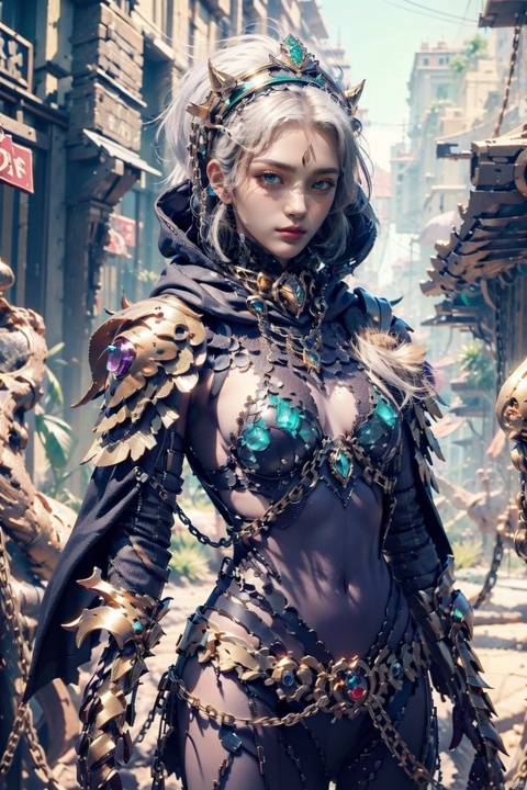  Masterpiece, high-quality, 8K,(( Game character)), The Queen of Hell, holding a sickle set with purple gemstones, wearing metal armor with spikes, wearing a hood on her head, emerald green eyes, white hair, chains, and shoulder armor