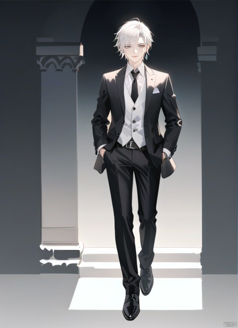  (((full body))),solo, looking at viewer, short hair, shirt, 1boy, jewelry, closed mouth, jacket, white hair, male focus, cowboy shot, earrings, necktie, belt, pants, necklace, black pants, formal, suit, white shirt, black necktie, hand in pocket,
