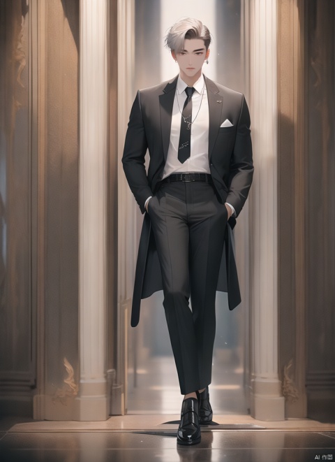  (((full body))), solo, looking at viewer, short hair, shirt, 1boy, jewelry, closed mouth, jacket, white hair, male focus, cowboy shot, earrings, necktie, belt, pants, necklace, black pants, formal, suit, white shirt, black necktie, hand in pocket, hands in pockets