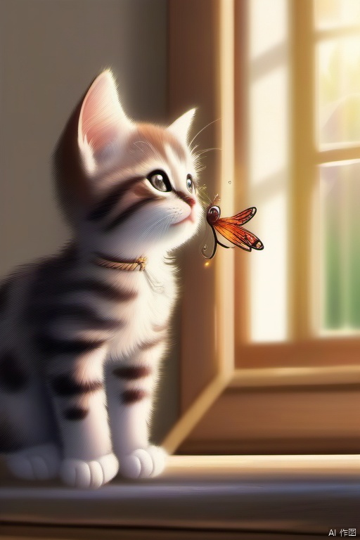 The kitten saw a dragonfly flying over
