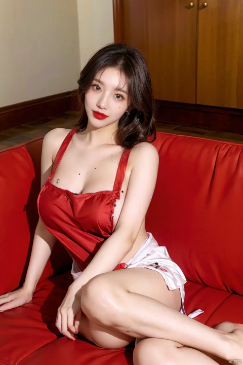  3girl, solo, breasts, looking at viewer, black hair, dress, sitting, lying, indoors, mole, makeup, lipstick, couch, mole on breast, red lips, Naked apron