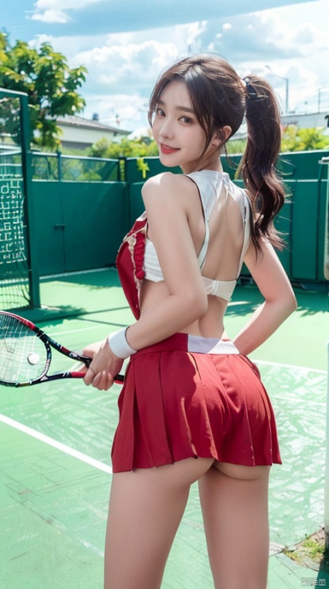  2girlstwins,kind smile, realisticlying,The view from the buttocks shows through,Thigh emphasis,Long wavy hair,Tennis player,Red Super Fit Tennis Wear,Please wear a tennis skirt,A sexy,Smile,Sexy pose on tennis court at sunset,moyou, wangyushan,(sexy), ((poakl)), Naked apron