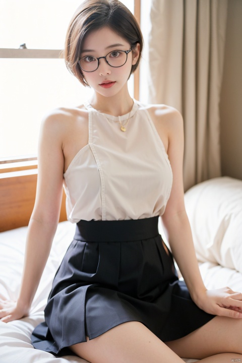  Enhanced, masterpiece, 16K,, 1 girl, glasses, short hair,  skirt, sitting on bed