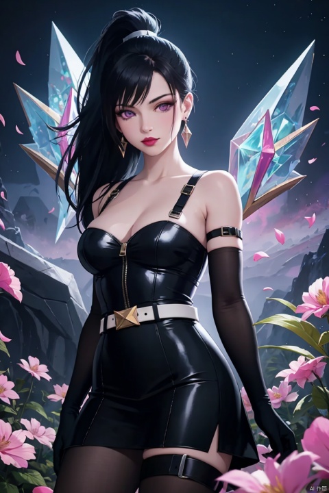  masterpiece,best quality, highly detailed, 1girl,k/da \(league of legends\),kai'sa,ponytail,bare shoulders,earrings,looking at viewer,solo,official alternate costume,tight,breasts,lipstick,off shoulder,Masterpiece, Best Quality: 1.4), High Resolution, Ultra Detail, (1 Girl: 1.3), BREAK IR Photography, Otherworldly Tones, Surrealist Landscapes, Vibrant Colors, Creative Expressions, Texture Art, (Good Hands), Glowing Eyes, Seductive Expressions, Face, Cowboy Shot, Solo, QY-HD, (Round), Outdoor, Landscape, Flowers, Butterflies, (((Petal Flying))), (Minimalist Style))), Shiny Clothes, 61 Fly, Tifa, Sky Tiger, Raiden General, Christmas, high_ Heels, (Crystal High Heels), 1 Girl, Solo, Gloves, Dress, Pantyhose, Looking at the Audience, Jewelry, Ponytail, Bangs, Earrings, Bare Shoulders, Belt, Detached Sleeves, Thigh Straps, Pouches, High Ponytails, Holsters, Long Hair, Zippers